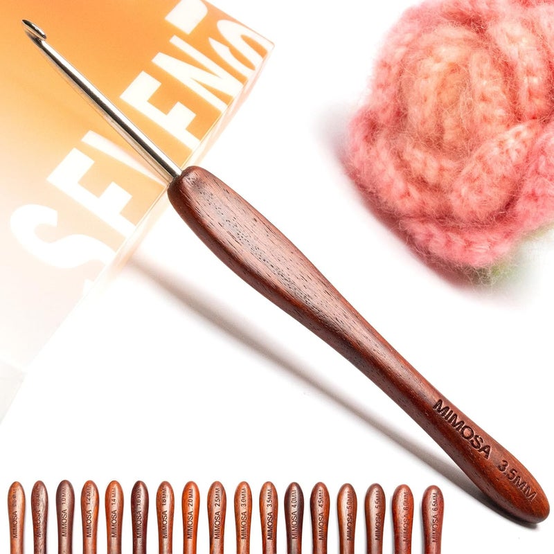 sevensun Mimosa 3.5mm Single Crochet Hook, Available in 0.6mm-6.5mm, Ergonomic Hand Polished Stainless Steel Inline Pointy Wood Handle Crochet Hook for Arthritic Hands, Mother's Day Gifts for Mom - Image 1